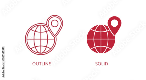 Red icons of outline and solid globe with location pin