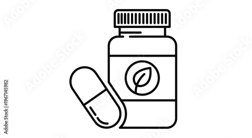 Herbal supplement bottle and capsule line icon