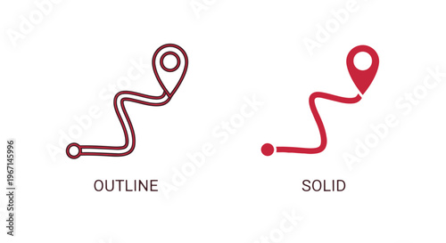 Red map route icons in outline and solid style for navigation