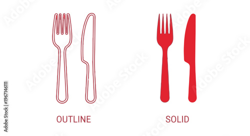 Vector illustration of outline and solid red fork and knife