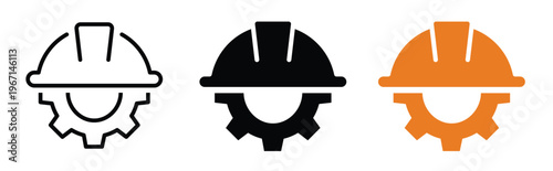 Construction helmet and gear icon set. Engineering, industry and labor symbols. Worker safety helmet sign. Industrial maintenance concept.