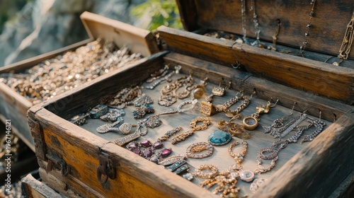 Antique wooden chest overflowing with various jewelry