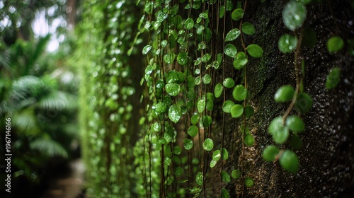 Rain-kissed epiphytic foliage and climbing vines on a mossy wall