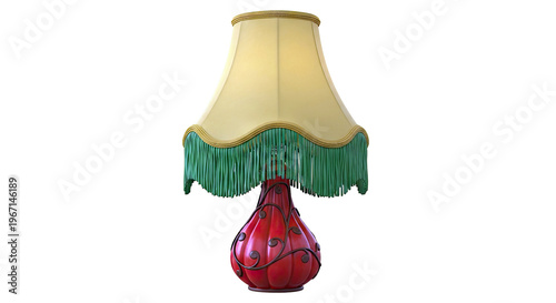 Vintage Red Table Lamp with Yellow Shade and Green Fringe