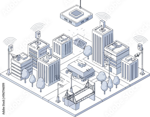 Smart City Isometric Line Art Illustration with IoT Sensors Wireless Network and Urban Infrastructure Technology