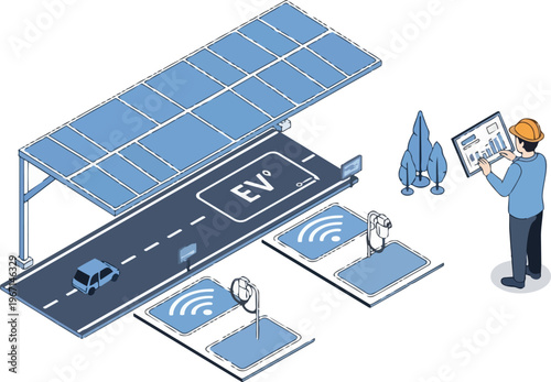 Isometric Illustration of a Sustainable EV Charging Station with Solar Panels, Wireless Charging Pads, and an Engineer Monitoring Smart City Infrastructure