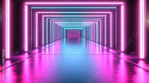 Neon tunnel, vibrant pink and cyan lights, creating a futuristic, reflective corridor
