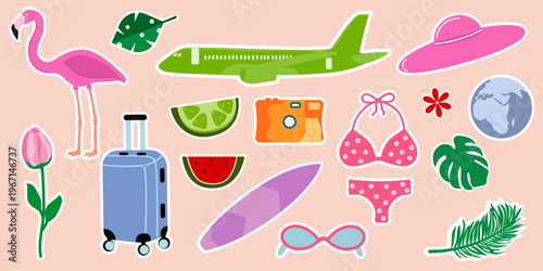 A set of summer stickers on a light background.Vector illustration