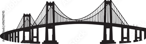 Black silhouette of a suspension bridge white background