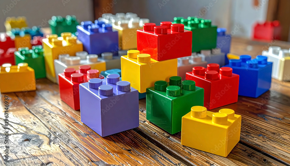 Obraz premium Brightly colored bricks arranged in a fun pattern for children to play and create with their imagination on a table.