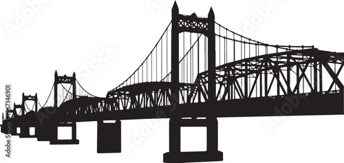 Black silhouette of a suspension bridge white background