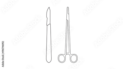 Scalpel and surgical forceps with clean line art rendering on white background for medical illustration.