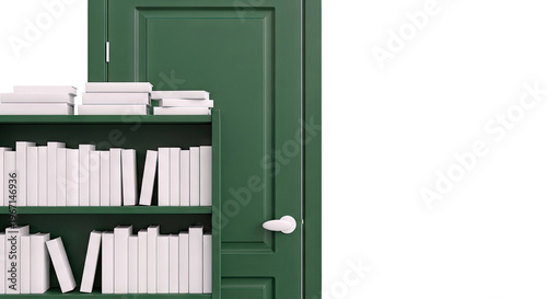 Green Door and Bookshelf with White Books