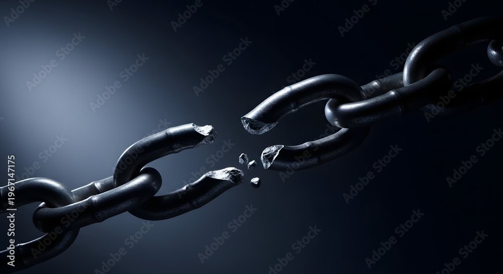 Fototapeta premium A broken chain with two links separated and cracked apart on a dark background with a spotlight