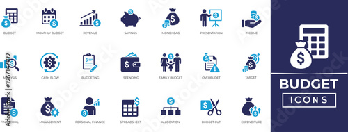 Budget solid icon set. Containing cash flow, planning, presentation, revenue, savings, spending, income, allocation, and cost estimate icons collection.