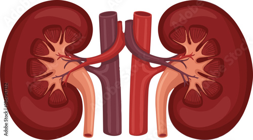 Detailed anatomical illustration of a healthy pair of human kidneys with major blood vessels, highlighting the internal structure and vital function for medical and educational purposes