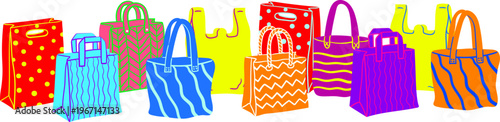 neon colorful shopping bags border with hand drawn retail fashion paper packets and plastic totes for sale promotion and market banner