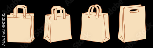 hand drawn craft paper shopping bags set of individual vector elements for eco friendly retail and delivery on black background
