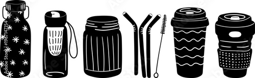 eco friendly reusable cups and water bottles silhouette set with metal straws and cleaning brush for zero waste lifestyle icons