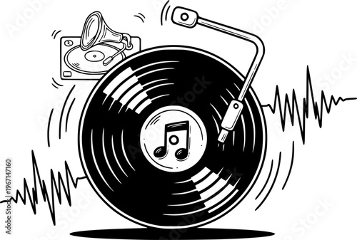 Cartoon vinyl or lp icon symbol. dj symbol. retro vinyl record album. Old music plate doodle. Phonograph, audio disk for turntable. Music player, analog music recording. Gramophone label and badge