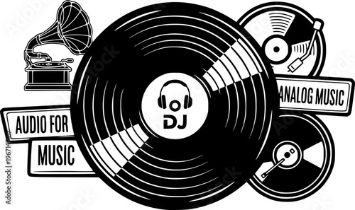 Cartoon vinyl or lp icon symbol. dj symbol. retro vinyl record album. Old music plate doodle. Phonograph, audio disk for turntable. Music player, analog music recording. Gramophone label and badge