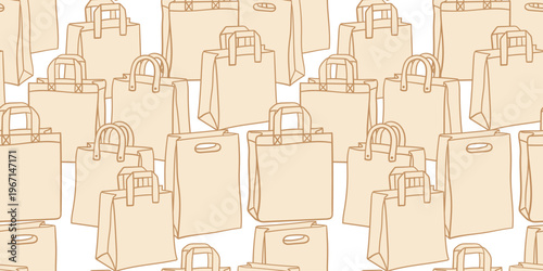 seamless pattern with hand drawn craft paper bags for eco friendly shopping and retail delivery on white background vector illustration