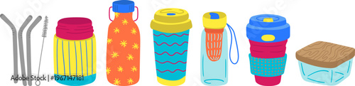 hand drawn eco friendly zero waste set with reusable coffee cups water bottles metal straws and lunch box vector illustration