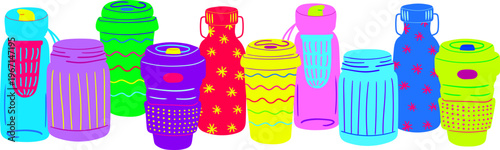 neon reusable coffee cups and water bottles border with colorful thermoses and eco friendly mugs for sustainable lifestyle banner