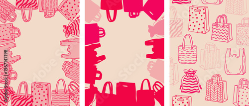 pink shopping bags posters set with hand drawn icons and frames for text retail sale banner and social media vector illustration