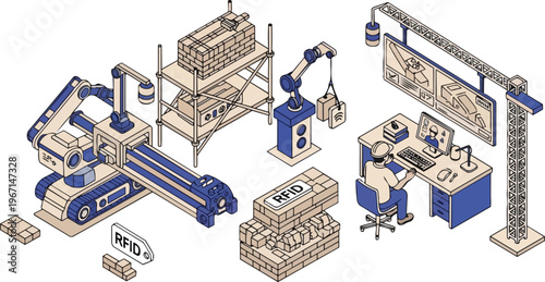 Smart Automated Construction Site and Industrial Warehouse with Robotics, RFID Tracking Technology, and Remote Operator Control Isometric Illustration