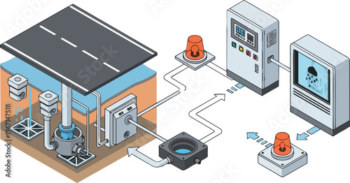 Isometric Smart City Automated Road Drainage and Flood Monitoring System Diagram