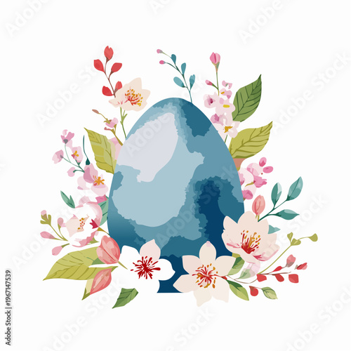 Osterei mit Kirschblüten und Blumen – Frühlingshafte Aquarell-Illustration