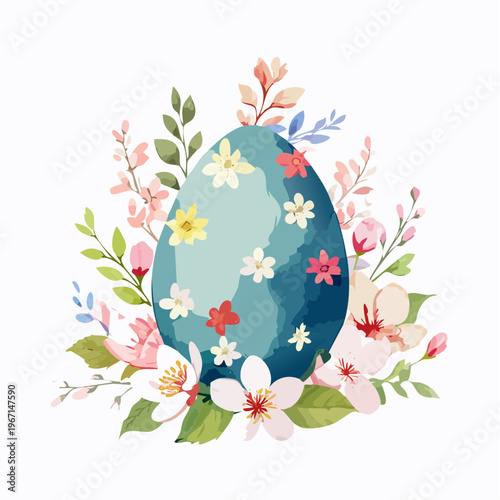 Osterei mit Kirschblüten und Blumen – Frühlingshafte Aquarell-Illustration