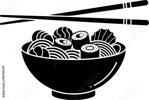 bowl and eating chopsticks or Chinese chopsticks. In Chinese, chopsticks means kuizi. Food, sushi, noodles. Thai, Japanese or Asian cuisine. Restaurant tools. Kitchenware icon