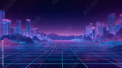 Futuristic digital landscape with holographic grids and neon cityscape under starry sky, evoking sense of wonder and innovation