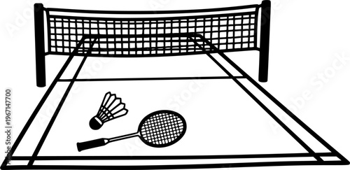 Indoor empty badminton net for badminton court, shuttle and racket. Racket sport game. Playing in the summer or on the beach. Indoor team sports. Lines pattern or template. volleyball game.