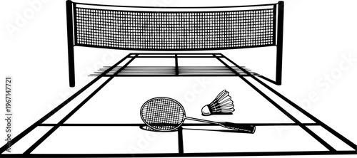 Indoor empty badminton net for badminton court, shuttle and racket. Racket sport game. Playing in the summer or on the beach. Indoor team sports. Lines pattern or template. volleyball game.