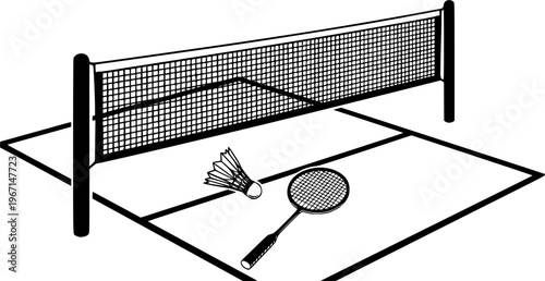 Indoor empty badminton net for badminton court, shuttle and racket. Racket sport game. Playing in the summer or on the beach. Indoor team sports. Lines pattern or template. volleyball game.