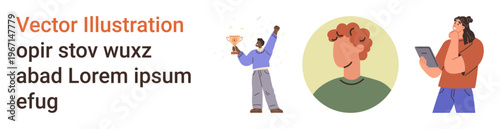 Personal growth, career achievement, teamwork, communication, character design, collaboration. A trophy winner, a person reading and a neutral profile. Personal growth and career achievement concept