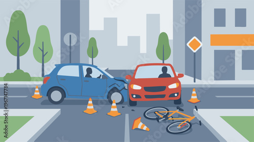 Urban traffic accident scene with two cars, a bicycle, and cones