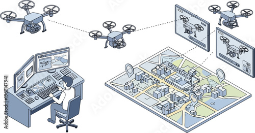 Isometric Drone Surveillance and Remote Control System Illustration for Smart City Management and Security Monitoring