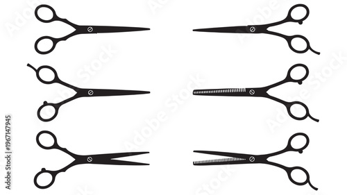 Scissors set with professional barber shears and thinners featuring black silhouette icons on a white background, ideal for salon graphics