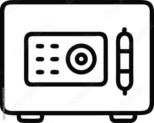 A simple line drawing of a safe with a dial and a key