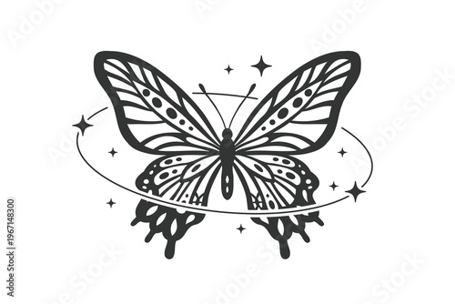 Butterfly tattoo Y2K vector butterfly with dripping wings star sparkles black silhouette illustration abstract aesthetic decorative design element