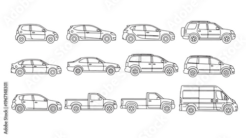 Cars diverse collection with different body styles, including hatchbacks, sedans, SUVs, minivans, pickup trucks, and vans.