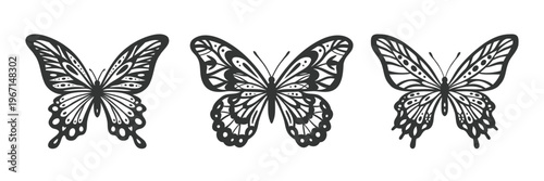 Butterfly silhouette set Y2K tattoo vector three black butterflies with ornate decorative wings detailed symmetrical insect illustration abstract aesthetic design element