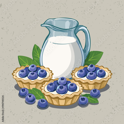 Fresh blueberry tarts with milk jug and leaves illustration