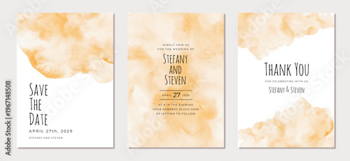 Wedding Invitation Card Set with Yellow Orange Abstract Watercolor Background