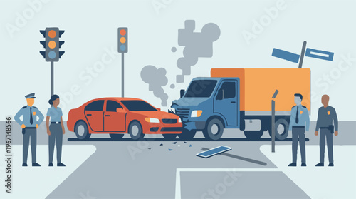 Police investigate a car and truck collision at a city intersection