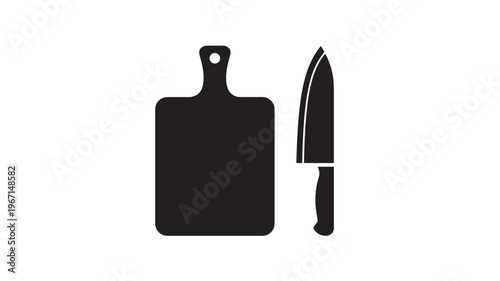 Cutting board and knife icon with a simple silhouette design, suitable for kitchen or culinary themes